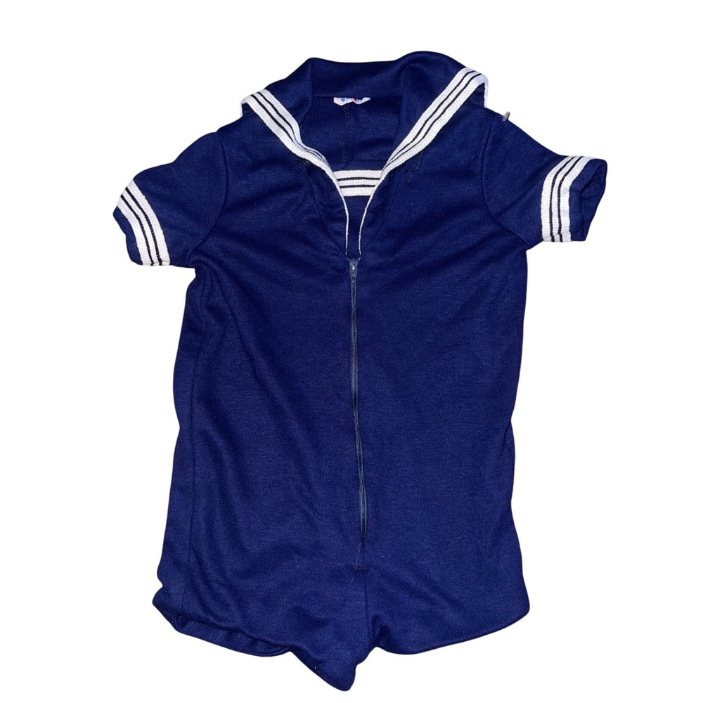 Vintage Navy Blue Sailor Romper Oxford 2 piece set  Best 24m 2T Nautical 70s 80s